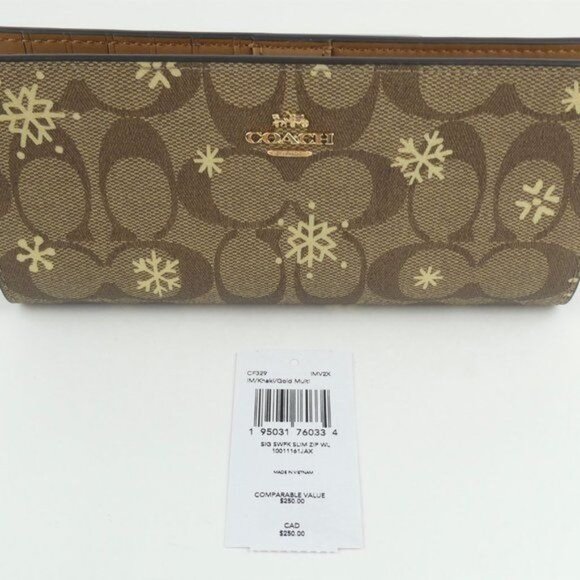 Coach Signature Khaki Gold Snowflake Slim Bifold Wallet NWT CF329 - Picture 5 of 5